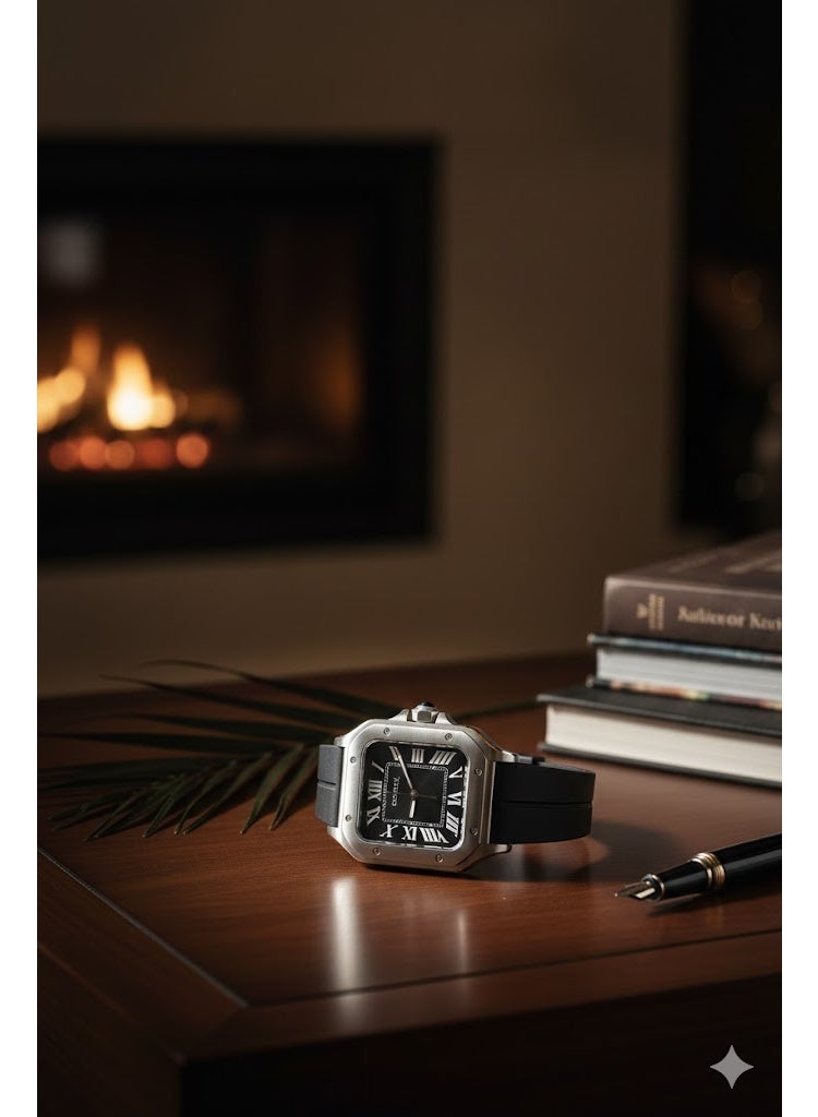 كارتييه ساعة يد رجالي فاخرة بتصميم مربع – سوار سيليكون أسود مع قرص أسود وأرقام رومانية - Image 3